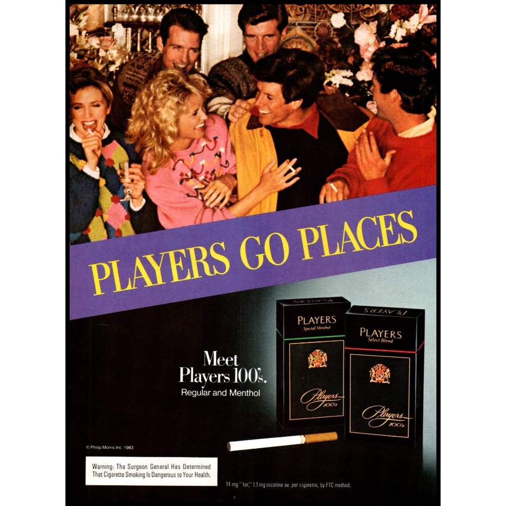 1983 Players 100's Cigarettes Vintage Print Ad Ugly Christmas Sweater Wall Art